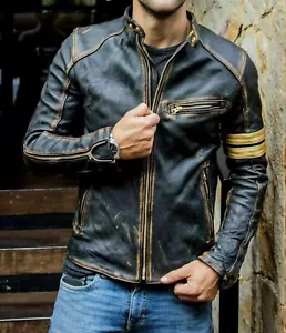 Men's Black Cafe Racer Vintage Waxed Motorcycle Geniune Lambskin Leather Jacket - Bild 1 von 4