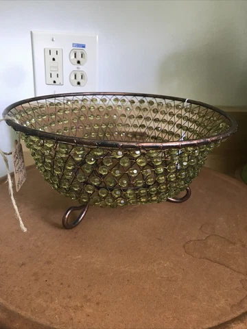2 Beaded Wire Basket With Green Beads Footed Lg & Sm Cover