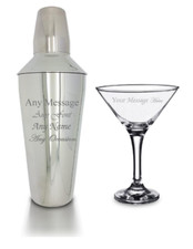 Shaker cocktail inciso personalizzato con colino, bicchiere Martini e confezione regalo