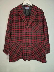 VTG Pendleton Sport Unlined Wool Jacket Red Grey Plaid Leather Buttons Mens M - Picture 1 of 7