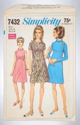 Vestido vintage 1967 patrón de costura Simplicity 7432 Misses línea A talla 16 Foto 1 de 4