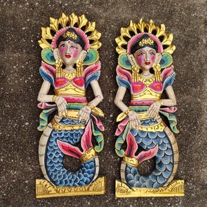 FLAW Balinese Mermaid Panel Dewi Sri Hand carved wood Bali Wall Art decor Set 2 - Picture 1 of 10