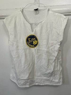 Cuello en V blanco fósil vintage con dobladillos cosidos en bruto 100 % algodón para mujer talla S/M Foto 1 de 4