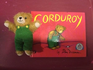 VINTAGE HAND SIZE CORDUROY PLUSH BEAR WITH HIS STORY BOOK - Picture 1 of 9