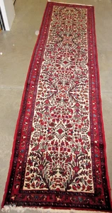Vintage Tree of Life Foral Red Ivory Hand Knotted Wool Runner Rug 114" x 30" - Picture 1 of 6