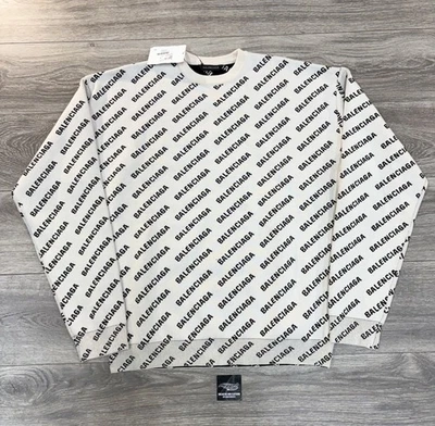 Size Small - Balenciaga All Over Logo Knit Crewneck ' White Black ' | BRAND NEW! - Image 1 of 4