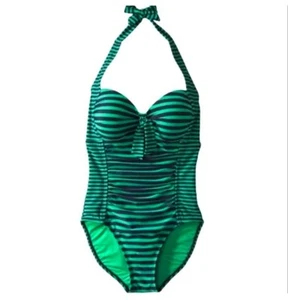 Merona Swimsuit Woman's Large Green Black Striped Halter Neck Rutched High Cut - Picture 1 of 5