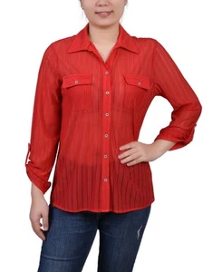 NY Collection Petite Red Blouse - Women's Button Down Shirt - Picture 1 of 3