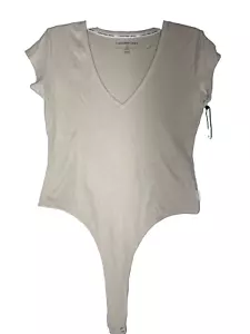 calvin klein jeans women- cap -sleeve V bodysuit cream color size L - Picture 1 of 3