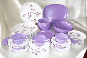Vintage 44pc Texas-Ware PMC Purple Flower Melamine Melmac Dish Set Service for 8 - Picture 1 of 7