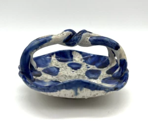 Vintage Italian Art Pottery Miniature Basket Blue Drip Glaze Twisted Handle - Picture 1 of 10