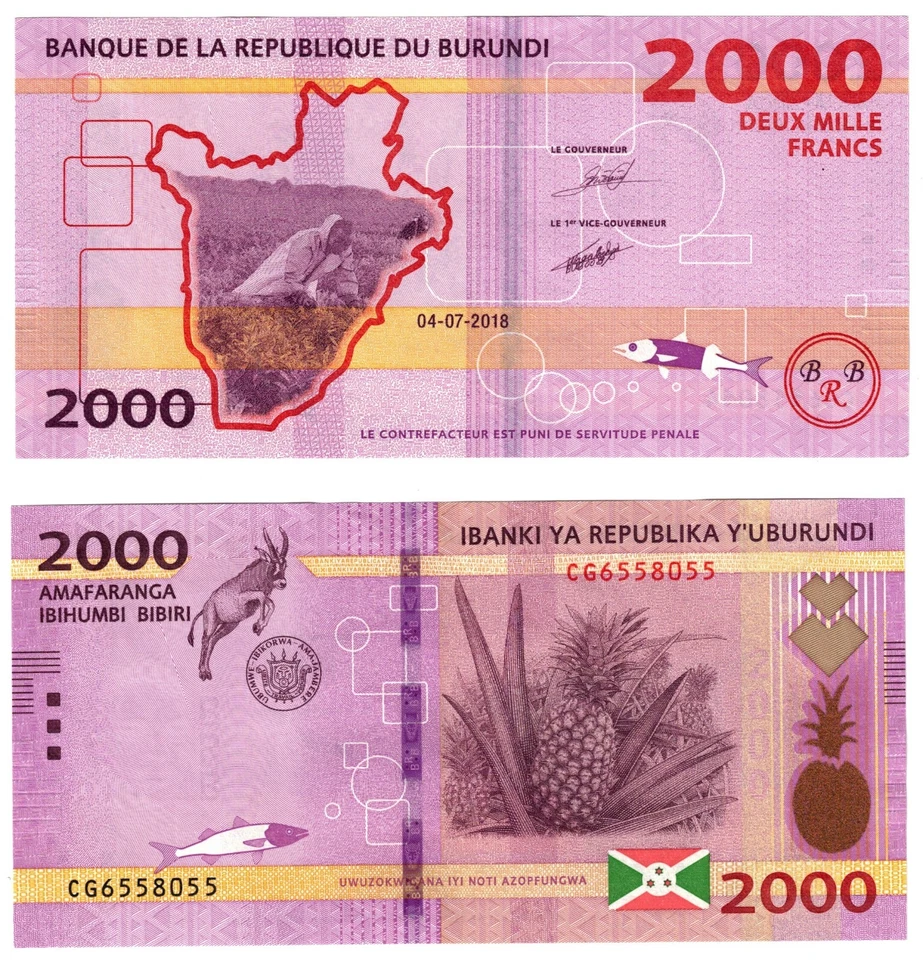 2018 Burundi 2000 Francs Banknote UNC P52a2 Pineapple note - Image 1 of 1