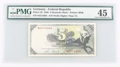 1948 West Germany 5 Deutsche Mark PMG XF-45 Choice Extremely Fine 5 Mark P#13i - Image 1 of 3