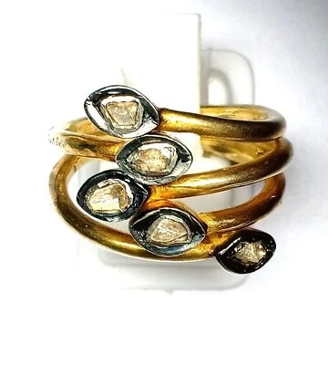 Antiguo anillo victoriano de plata de ley enchapado en oro rodio con diamantes Polki Foto 1 de 4