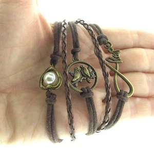 Hope Heart Love Bird Charm Bracelet Leather - Picture 1 of 4