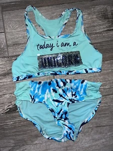 Justice Girls Aqua Turqoise Flip Sequin 2 Piece Bikini - Size 8 - Picture 1 of 5