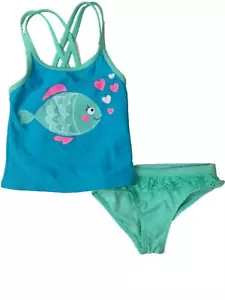 Girls Turquoise & Mint 2- Piece Swimming Suit Fish & Hearts Swimsuit Set 4 - Picture 1 of 1