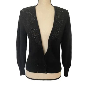 MAGLIONE CARDIGAN DOPPIOPETTO VINTAGE NERO LANA DI AGNELLO ANGORA PERLINE - Foto 1 di 12