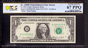 1969 D $1 FEDERAL RESERVE NOTE BOSTON SUPER RADAR 2'S PCGS B SUPERB GEM 67 PPQ - Picture 1 of 4
