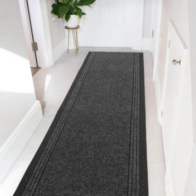 Heavy Duty Runner Rugs Black Non-Slip Rubber Backed Hall Extra Long Narrow Cheap - Image 1 of 4