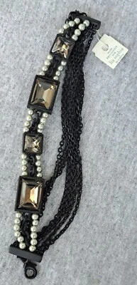 NOS Lia Sophia Black Chain With Crystal Glass & Beads Bracelet Adjustable Clasp - Изображение 1 из 4
