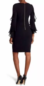 CALVIN KLEIN RUFFLE CHIFFON LONG SLEEVES SHEATH DRESS, BLACK, SIZE 6 NWT - Picture 1 of 5