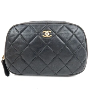Authentic CHANEL Matelasse Cosmetic Pouch Lambskin Black Gold HDW F/S - Picture 1 of 20