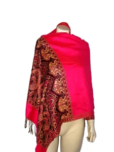 Hot Pink Metallic Shawl Scarf Wrap Stole 100% Cashmere Pashmina with Fringe - Picture 1 of 2
