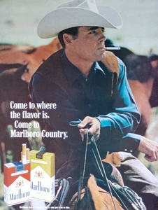 Anuncio retro vintage 1970 Marlboro Country Come To Where The Flavor Is Cowboy Horse - Imagen 1 de 2