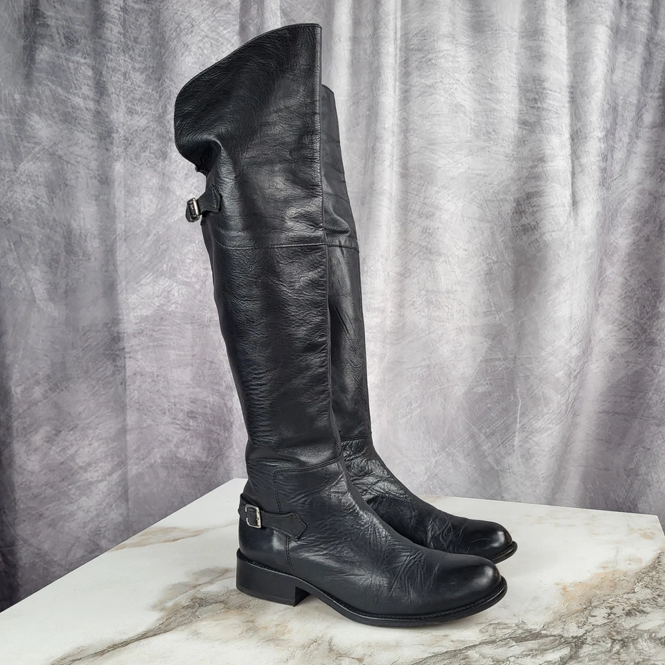 Steve Madden Over Knee Genuine Leather Biker Boots Women's 7.5 Black Zip Strap - Image 1 of 4