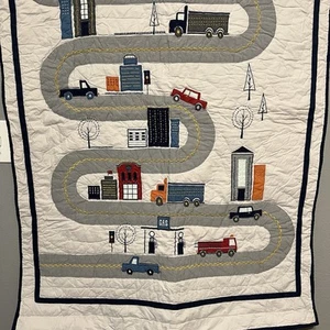 Pottery Barn Kids Quilted Baby Bed Blanket Quilt Transportation Cars Trucks - Picture 1 of 13