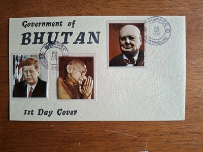 Escasa cubierta de primer día Bután FDC 1972 Churchill, John F Kennedy, Gandhi Foto 1 de 4