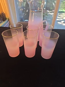 Blendo verre dépoli lavande violet gobelets 6ea et pichet avec bordure dorée MCM vintage - Photo 1/9