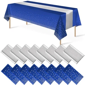 16Pack Disposable Plastic Tablecloths and Satin Table Runner Set Blue and Sil... - Picture 1 of 7