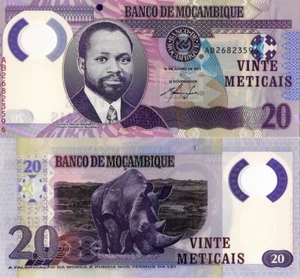 MOZAMBIQUE 20 Meticais, 2011 Polymer money, P149, UNC, AB Prefix "Rhino" - Picture 1 of 3