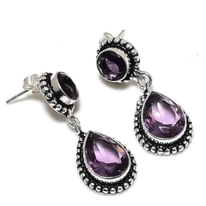 Purple Amethyst Gemstone 925 Sterling Silver Jewelry Stud Earring Size 1.45" - Picture 1 of 1