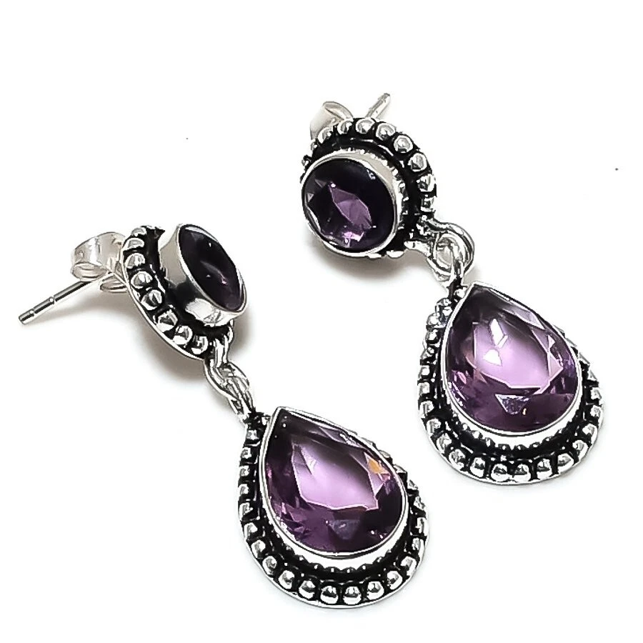 Purple Amethyst Gemstone  925 Sterling Silver Jewelry Stud Earring Size 1.45" - Image 1 of 1