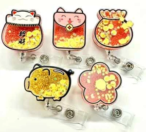 Kawaii kitty Floating Glitter Cartoon Character Retractable ID Badge Reel - Imagen 1 de 4