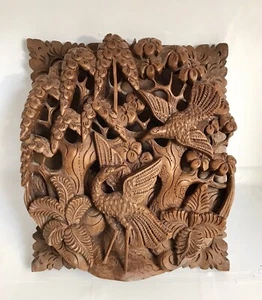 Vintage Hand Carved Balinese Hindu Wood Sculpture Bird Water Nature Scene Rare - Picture 1 of 8
