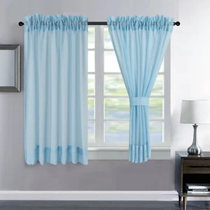 un par de cortinas transparentes de red de lino con corbata marfil/rosa/azul - Imagen 1 de 16