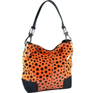 Womens Glossy Faux Leather Handbag Fashion Polka Dot Hobo Bag Chain Strap Orange - Picture 1 of 3