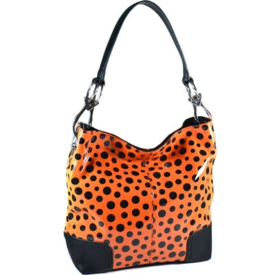 Bolsa de mão feminina de couro sintético brilhante moda bolinhas hobo alça corrente laranja - Imagem 1 de 3