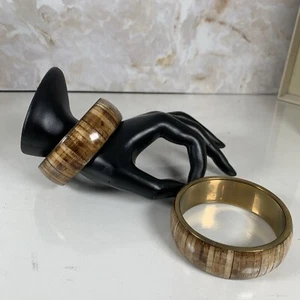 2 Wide Fine Inlaid Stained Bone Bracelet Bangles on Brass - Picture 1 of 11