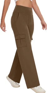 Yoga Cargo Pants Women Wide Leg Pants with Pockets High Waist Stretch Dress Casu - Picture 1 of 12