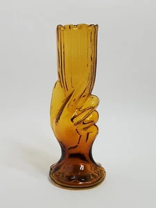 Vintage 1960s Hand & Goblet Shaped Amber Glass Vase with Ribs & Scalloped Edge - Picture 1 of 7