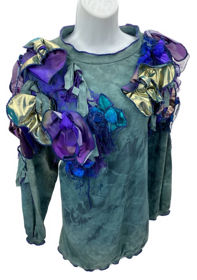 One Size Sue Blue Retro 80s 90s T Shirt Ribbon Lace Vtg USA Punk Pullover Top - Image 1 of 4