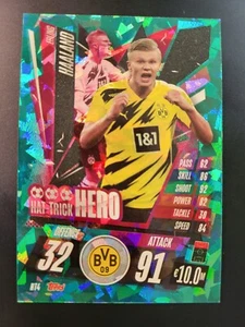 2020-21 Topps Attax Erling Haaland HAT TRICK HERO GREEN CRACKED ICE card HT4 - Picture 1 of 2