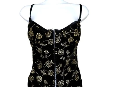 CORSÉ 36 Fredericks of Hollywood de colección terciopelo negro dorado rosa con cordones ojo de gancho Foto 1 de 4