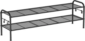 Shoe Rack, 2-Tier Shoe Organizer, Metal Shoe Shelf Storage with 4 Side Hooks, Ho - Picture 1 of 7