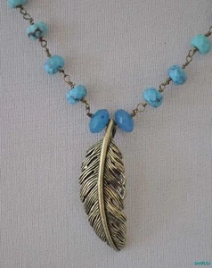Fossile Halskette blau Bayou türkis Perlen FEDER Halskette neu mit Etikett - Bild 1 von 1